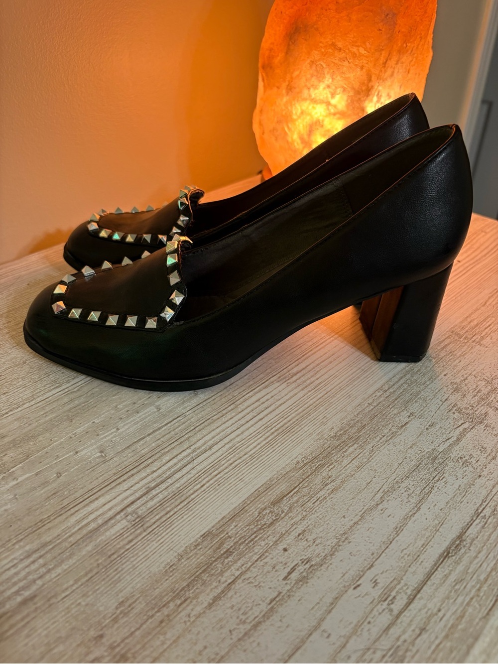 Adrienne Vittadini Black Leather Loafers Studded Square Toe Slip On Dress Shoe - Picture 3 of 6